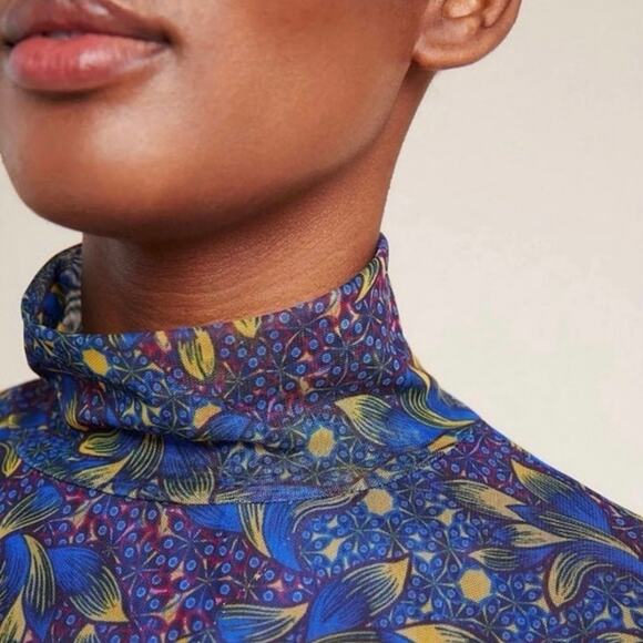 Anthropologie Sheer Mock Neck Top Blue Paisley Artsy Lightweight Size Medium - Picture 2 of 11